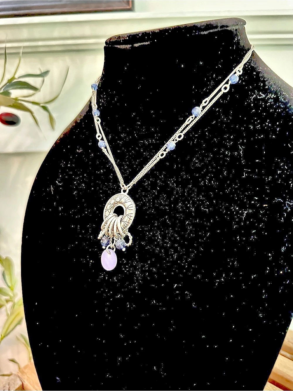 Vintage Lia Sophia Double Chain Silver Blue Pendant and beads Necklace - Picture 2 of 5